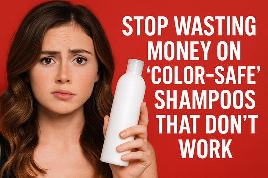 Woman holding a shampoo bottle with text that reads “Stop Wasting Money on ‘Color-Safe’ Shampoos That Don’t Work.”