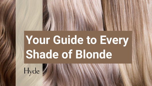Close-up of different shades of blonde hair ranging from caramel and honey to platinum and ash tones, with text reading “Your Guide to Every Shade of Blonde” and the Hyde Salon logo.