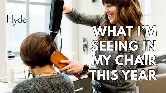 Hyde Salon stylist Megan Carter styling client’s hair with modern glossy finish.