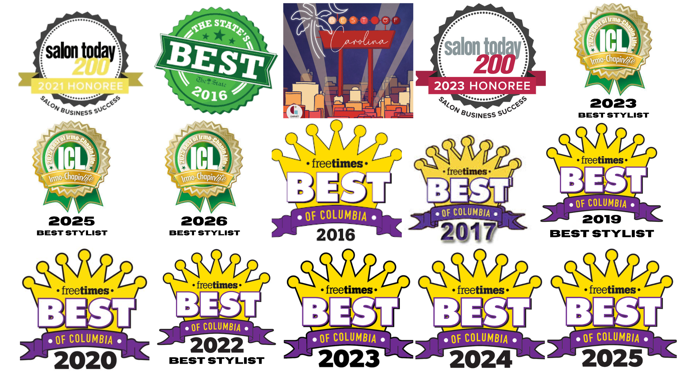Collage of Hyde Salon awards including Free Times Best of Columbia, Salon Today 200, The State's Best, Best of Carolina, and Irmo-Chapin Life Best Stylist