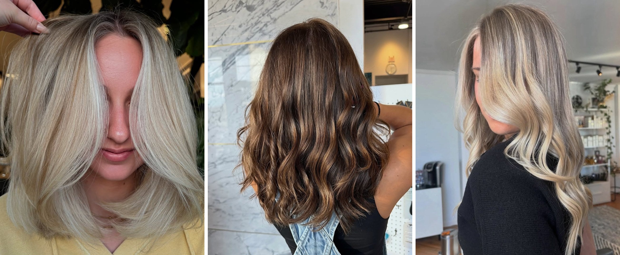 Blonde lob, brunette balayage, and bright blonde color by Hyde Salon stylists